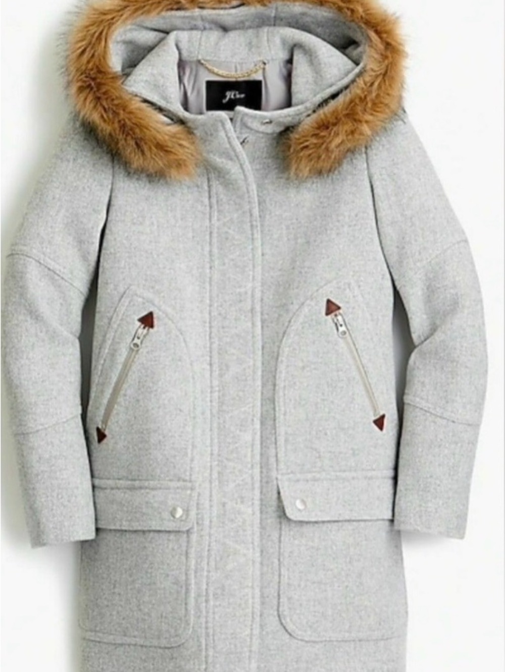 J. Crew Size L Women’s Light Gray Hooded Wool-Blend Coat with Faux-Fur Trim